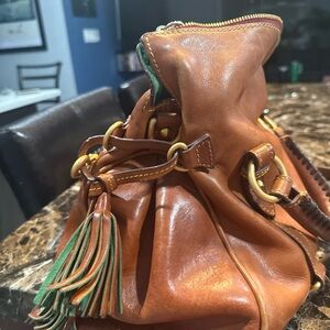 Dooney & Bourke Tan Leather Satchel with Green Tassel